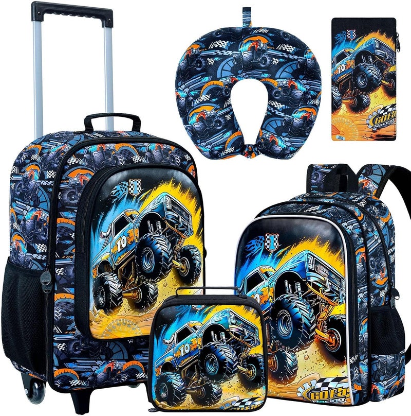 FTJCF Store 5Pcs Kids Suitcase for Boys, 18" Truck Toddler Carry on Luggage with Wheels, Cool Travel Rolling Set(Black) - Image 1